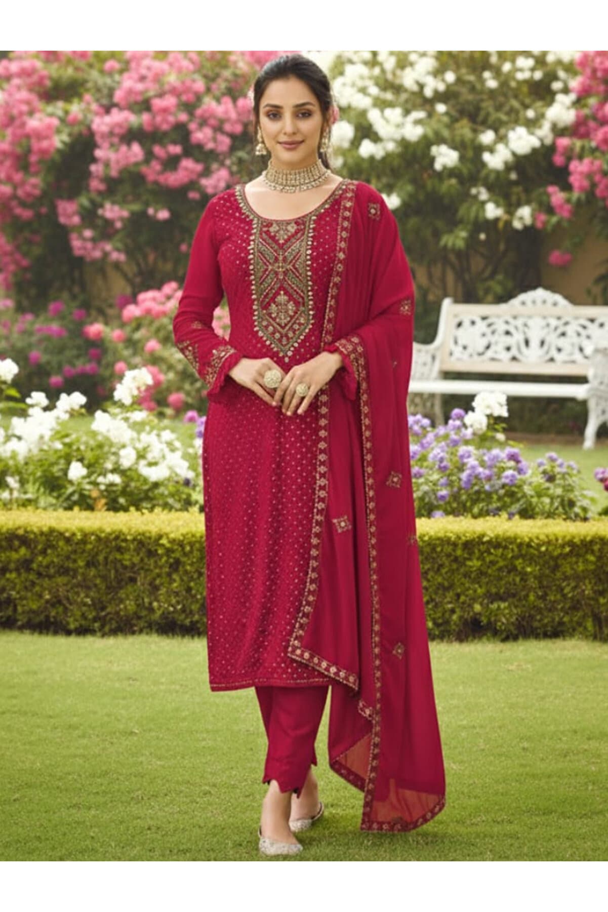 Red Faux Georgette Gown Set - FFT6983 | Red-Size:M-38-Inches