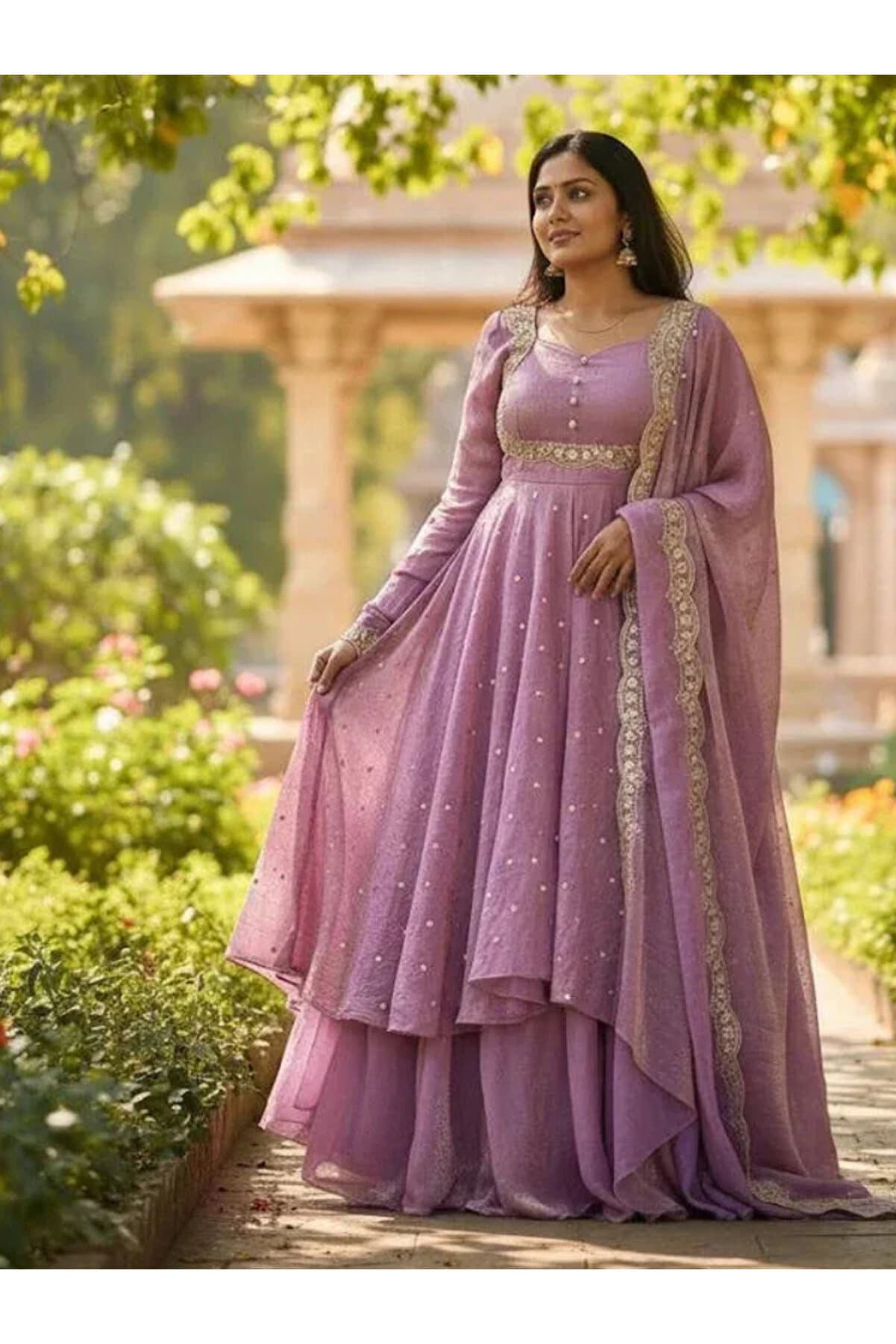 Lavender Vichitra Silk Embroidered Anarkali Suit Set - FFT8155 | Lavender