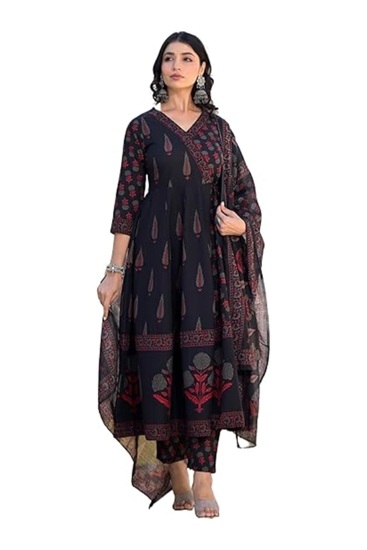Black Cotton Viscose Salwar Kameez & Dupatta Set - ALV2091-Black-Size-M-38-Inches