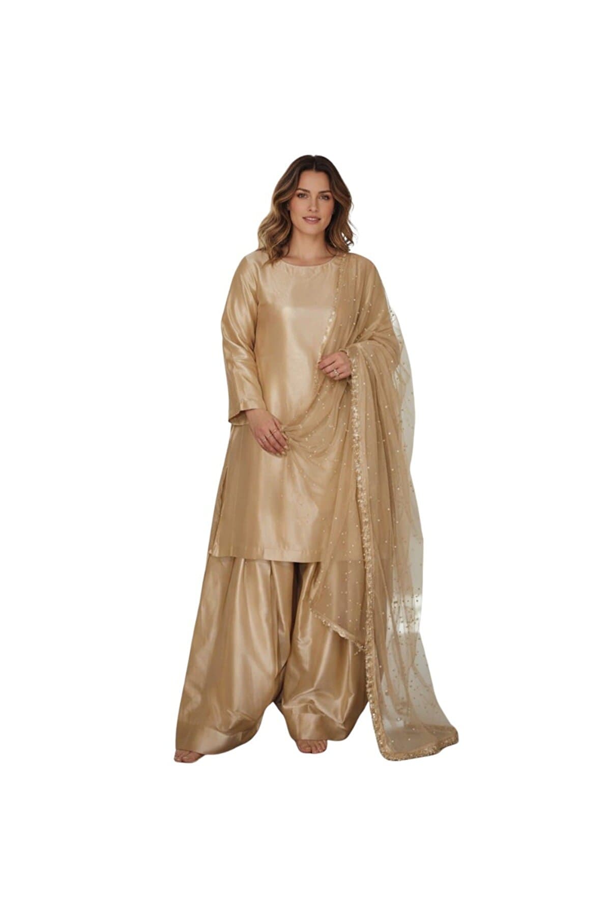 Beige Satin Farshi Salwar Suit - AIM1001 | Beige-Size:2XL-44-Inches