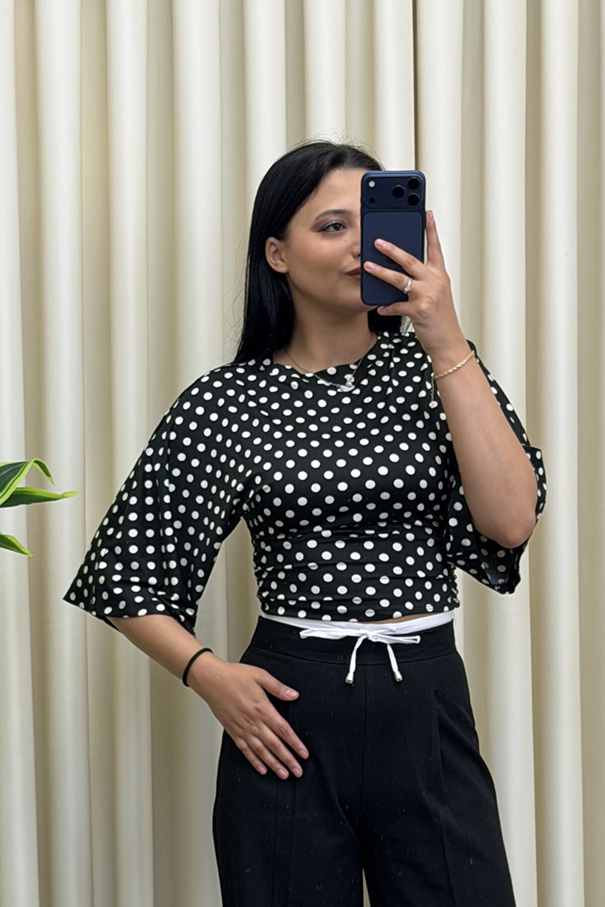 Women's Black Polka Dot Gathered Detail Bat Sleeve Blouse