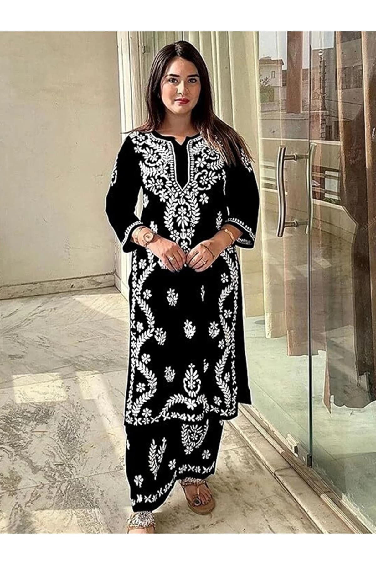 Black Rayon Chikankari Embroidered Kurta Pant Set - FFT8106 | Black