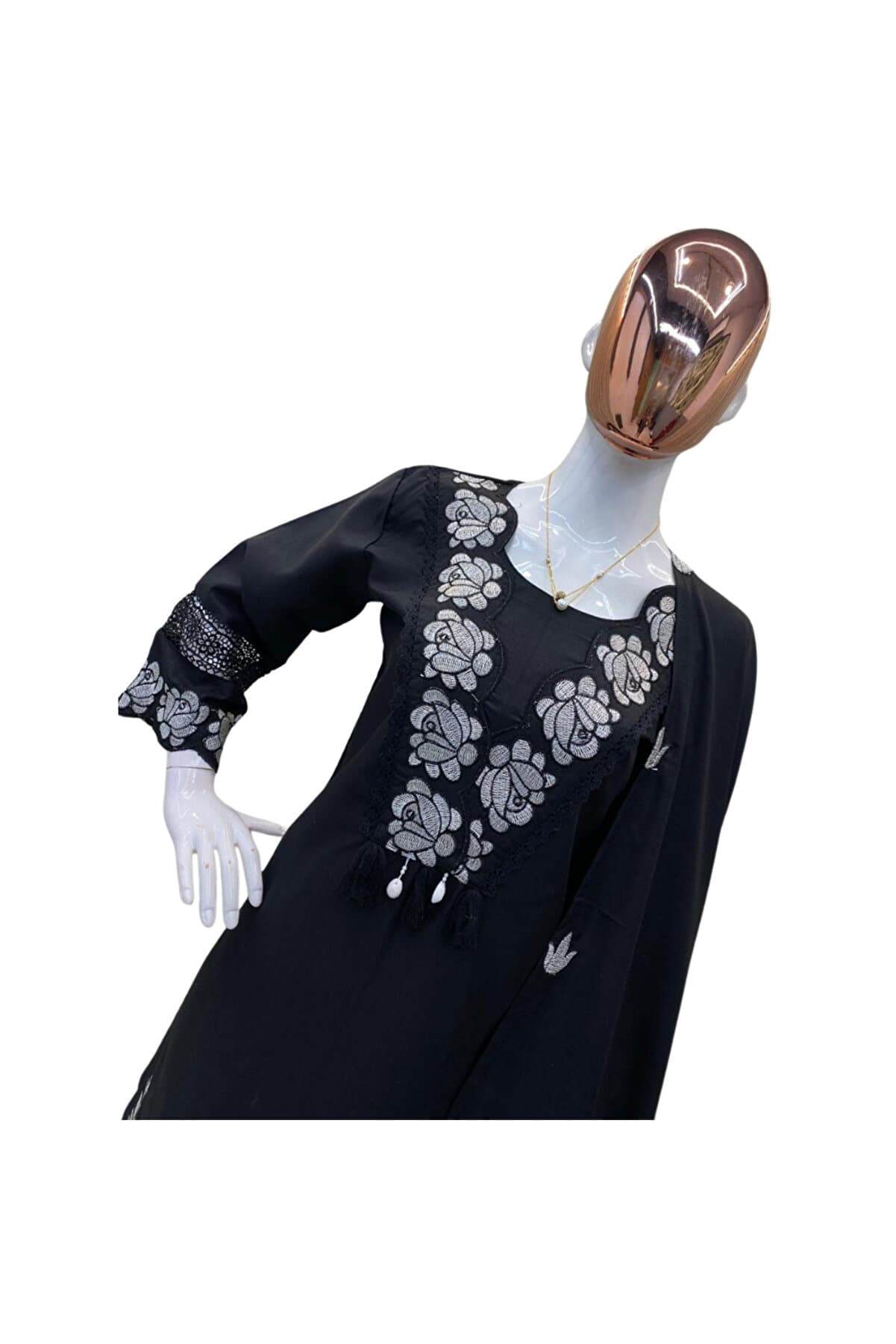 Black Rayon Slub Cotton Embroidered Kurta Pant Set with Dupatta - HRT5065 | Black-Size:L-40-Inches
