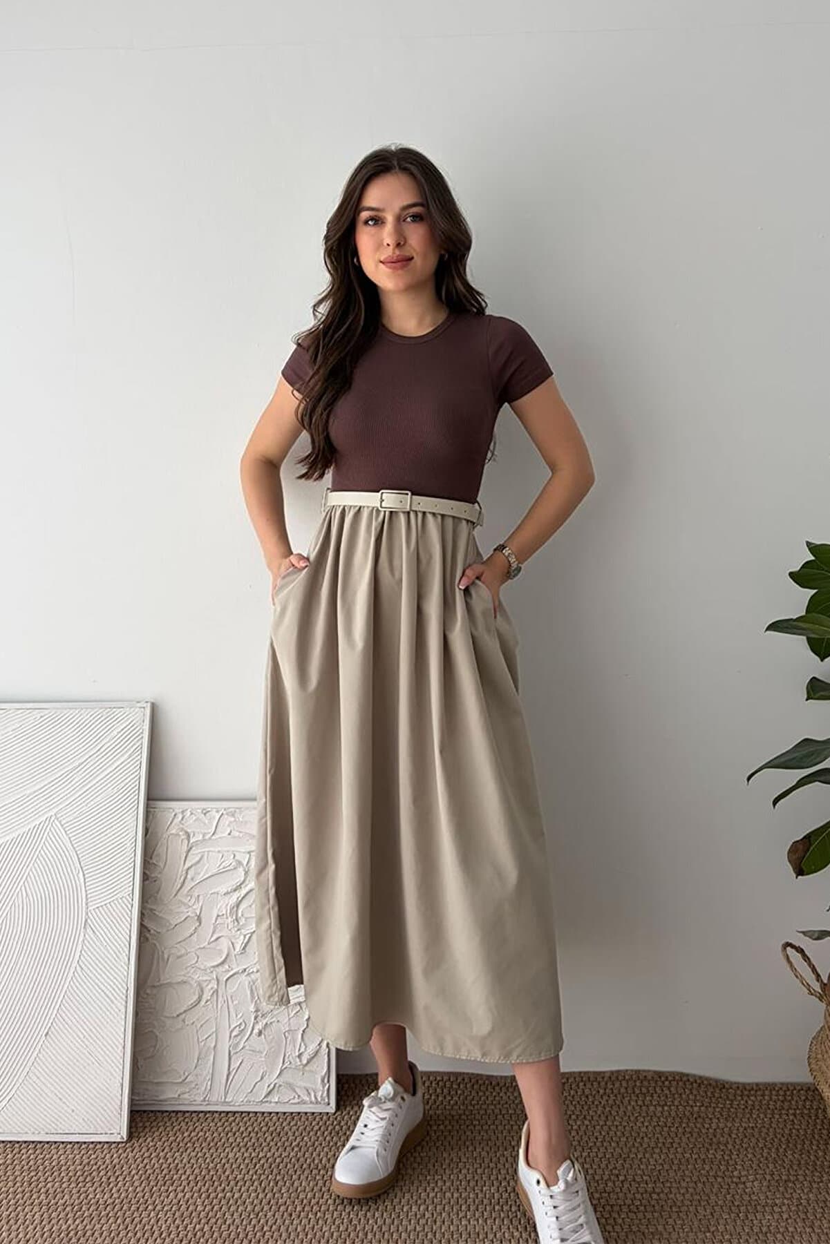 Women's Garnished Belt Detailed Midi Dress