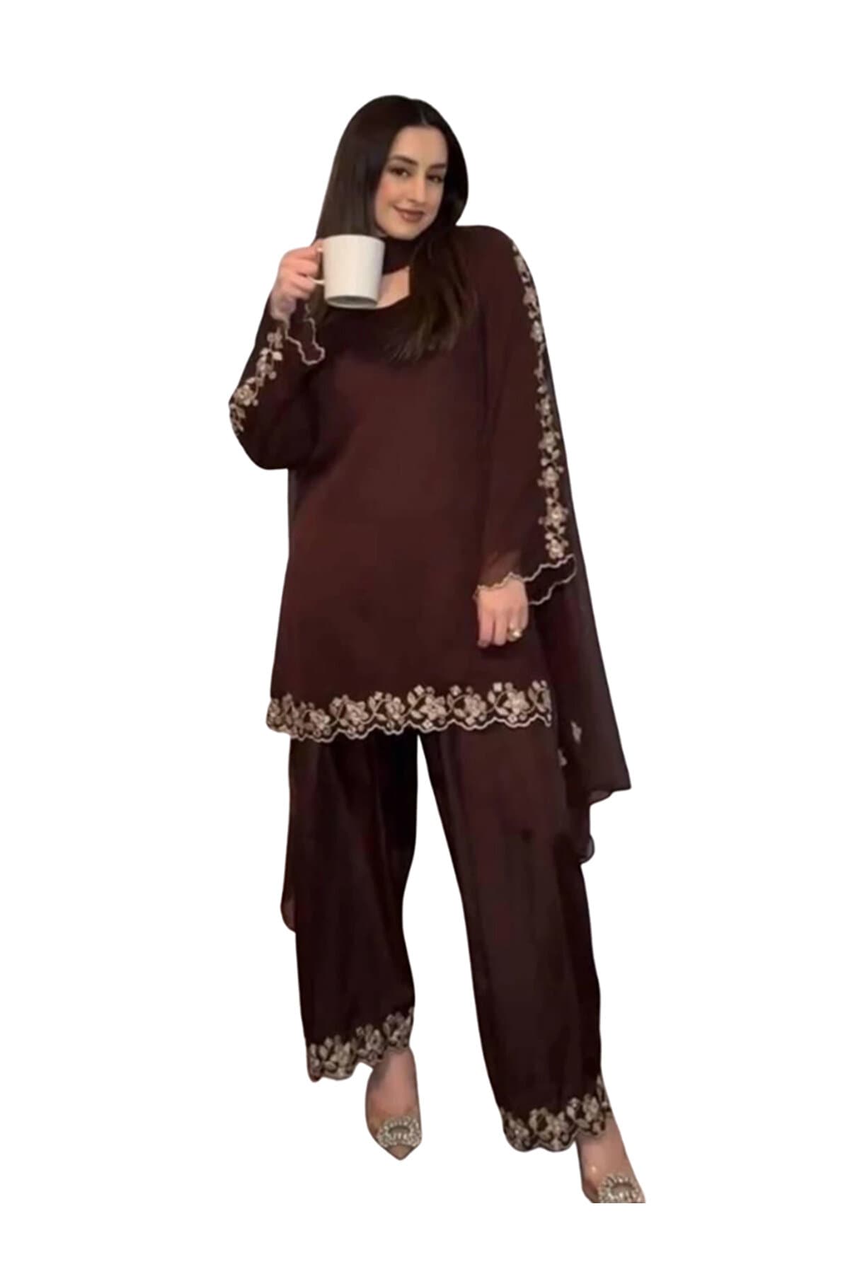 Brown Faux Georgette Kameez Salwar & Dupatta Set - HRT5188 | Brown-Size:M-38-Inches