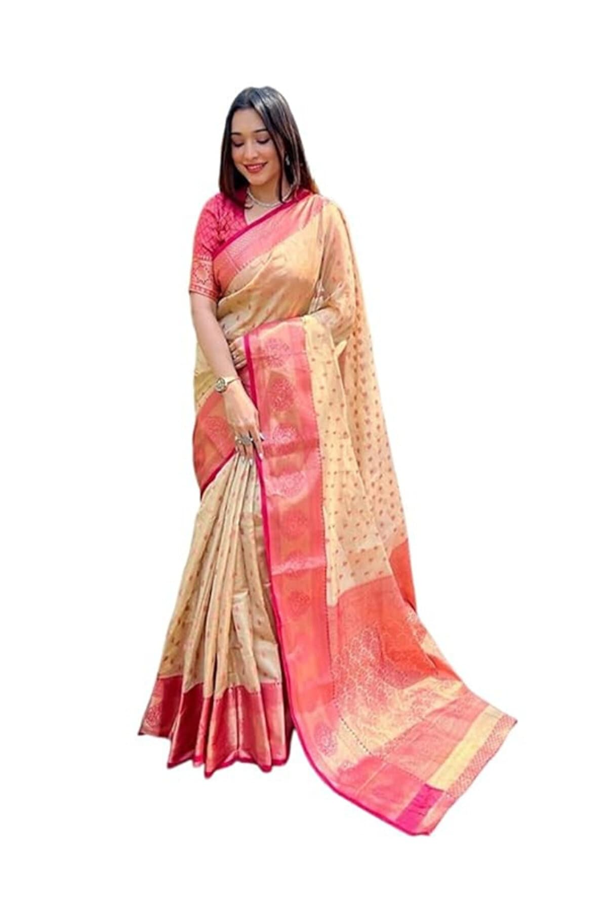Beige Kanjeevaram Tissue Silk Saree with Pink Zari Border - KTZ2360 | Beige