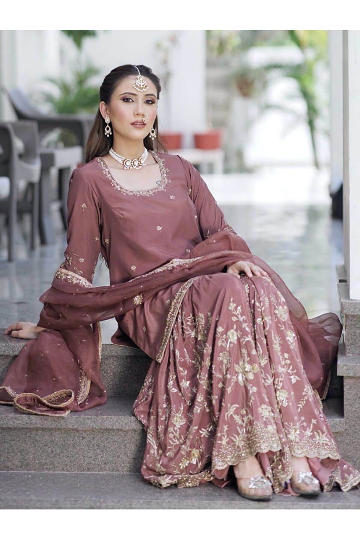 Mauve Chinon Silk Embroidered Sharara Set - HRT1624 | Mauve-Size:S-36-Inches