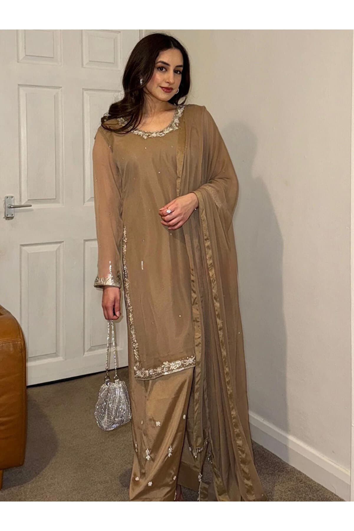 Brown Faux Georgette Top Pent & Dupatta - HRT7152 - Brown-Size:L-40-Inches