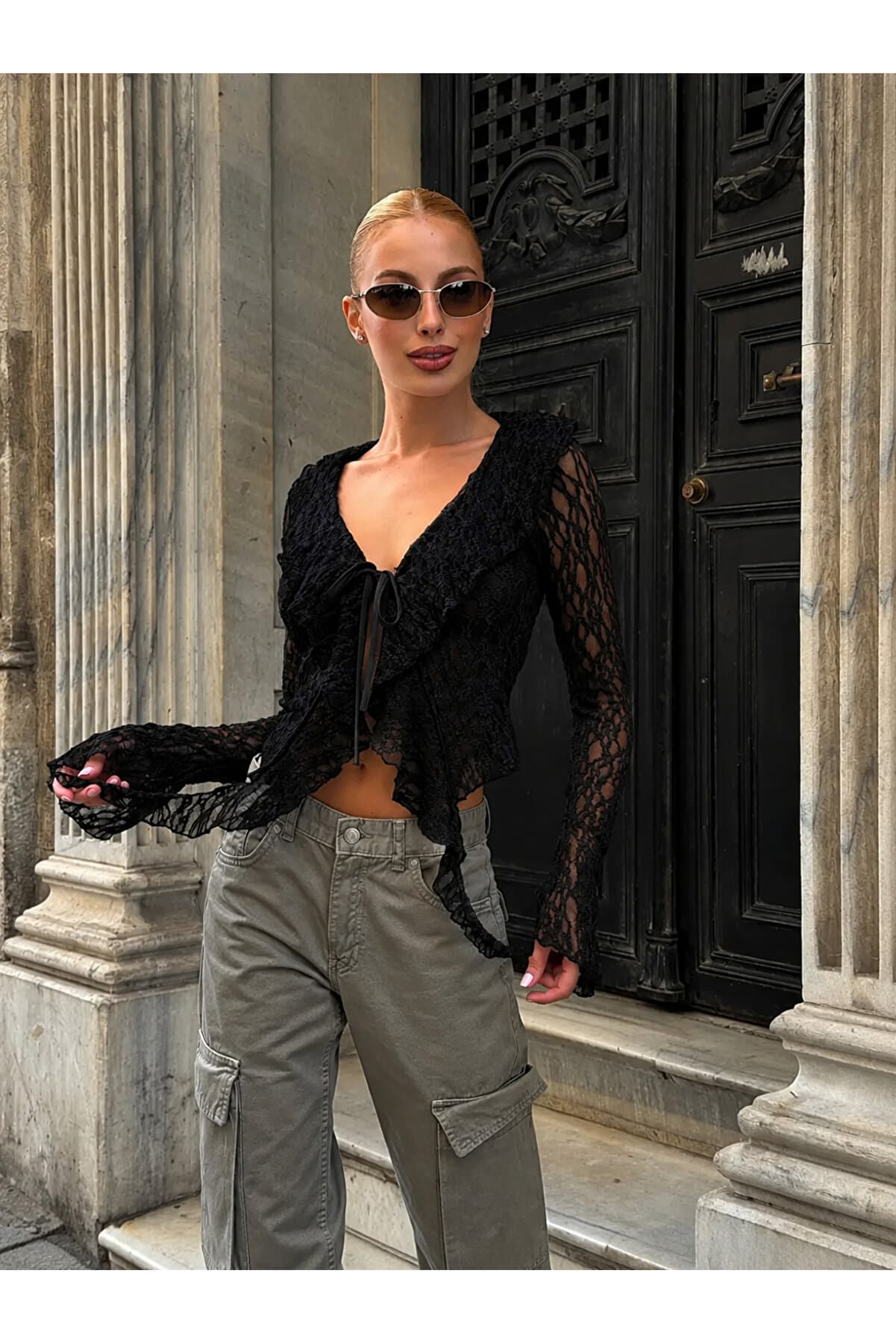 Black Lace-Up Detailed Transparent Blouse – Stylish Women's Blouse with Long Sleeves