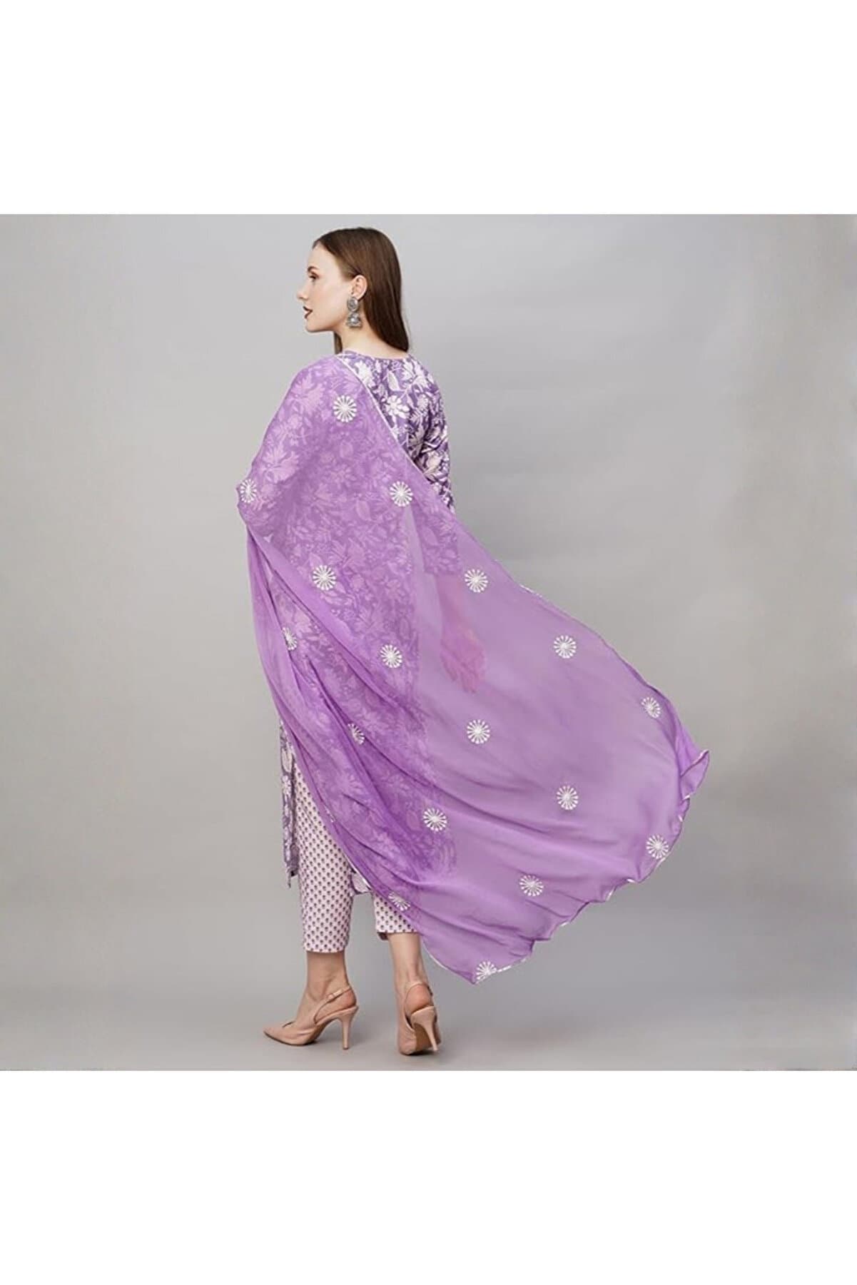 Purple Kurta with Pant & Dupatta - VRN1019 | Purple-Size-M-38-Inches