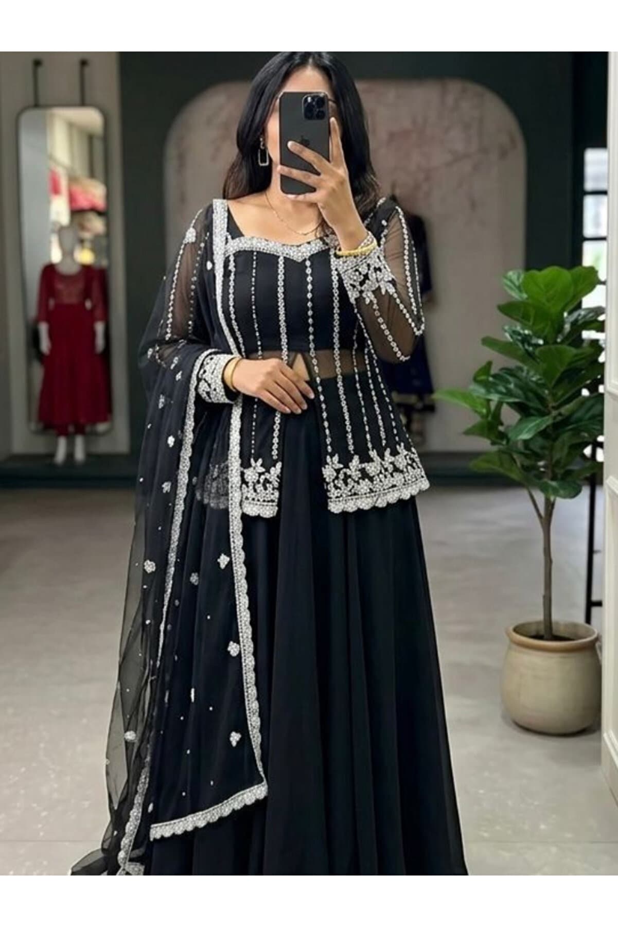 Black Premium Silk Satin Lehenga Set - HRT8324 | Black-Size:M-38-Inches
