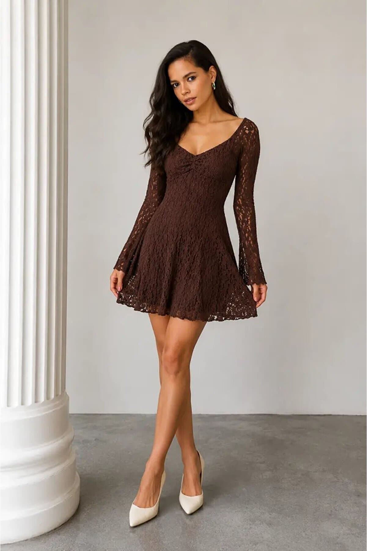 Brown Lace Textured Long Sleeve Mini Dress