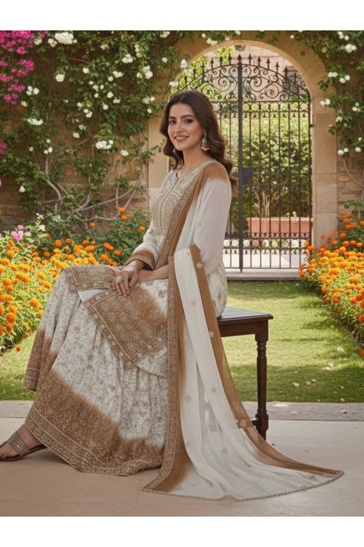 White Georgette Top Plazzo & Dupatta - FFT7279-White-Size:M-38-Inches