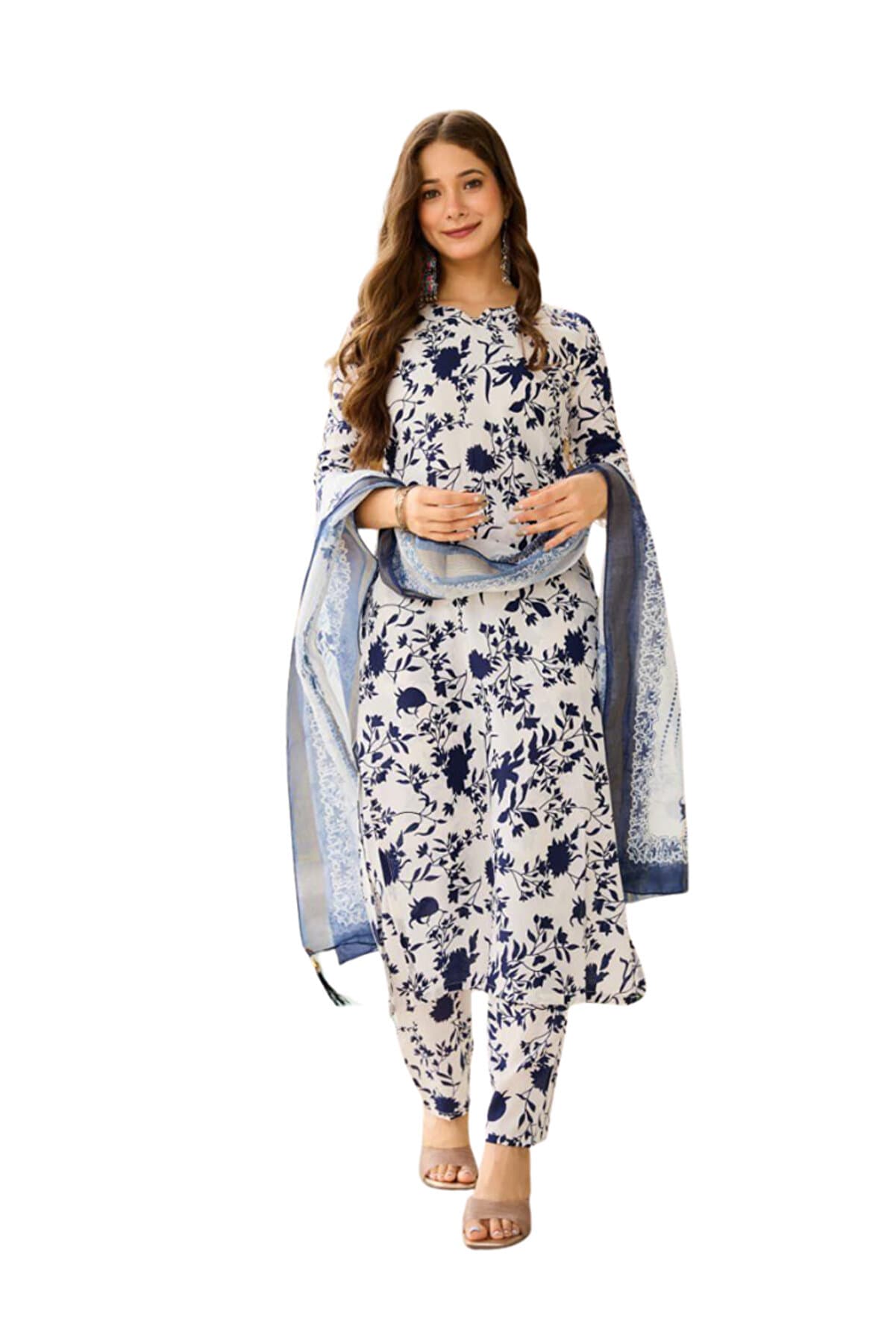 White-Blue Silk Blend Kurta Set with Jacquard Organza Dupatta - HRT6182