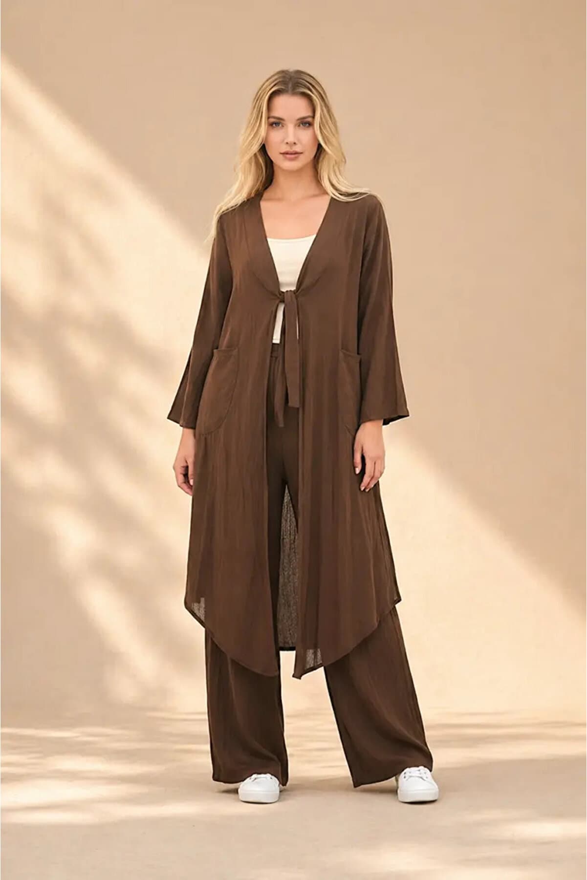 Coffee Tie-Detail Kimono Linen Set