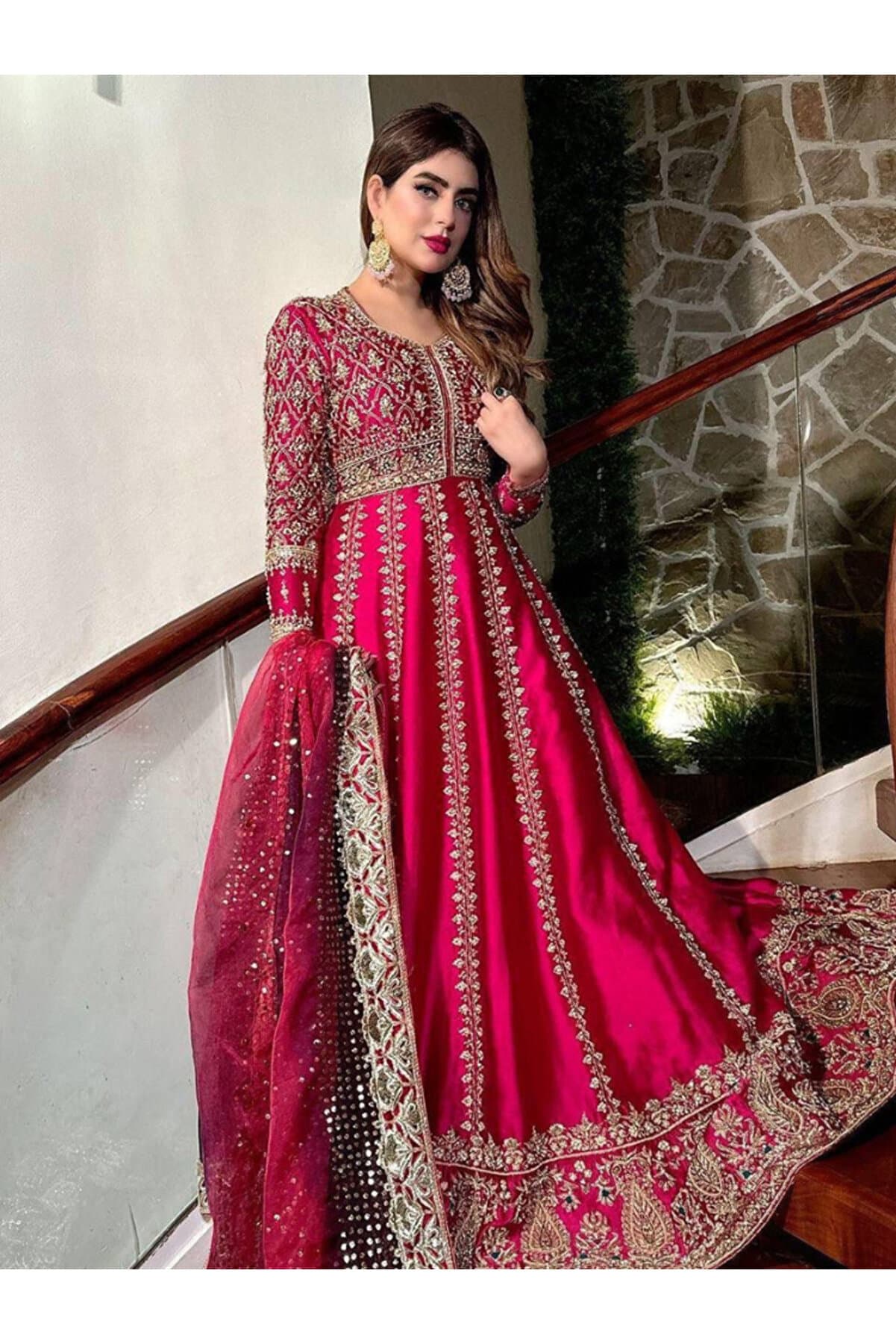 Pink Chinon Silk Embroidered Gown Set - HRT7560 | Pink-Size:XL-42-Inches
