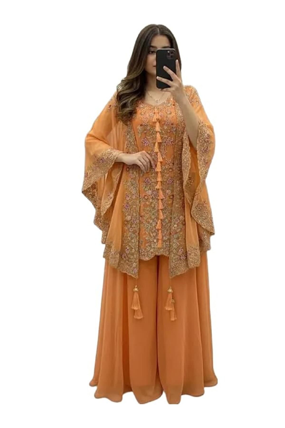 Orange Faux Georgette Kurta Palazzo Set with Sequin Work - HRT8193 | Orange-Size:2XL-44-Inches