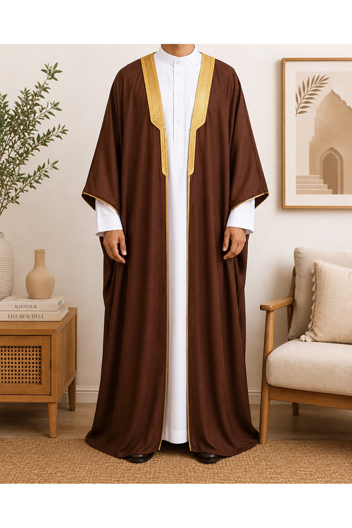 Men’s Bisht – Brown Colour Elegant Design Comfortable Material – Perfect for Desert Safari, Imam Wear & Special Functions
