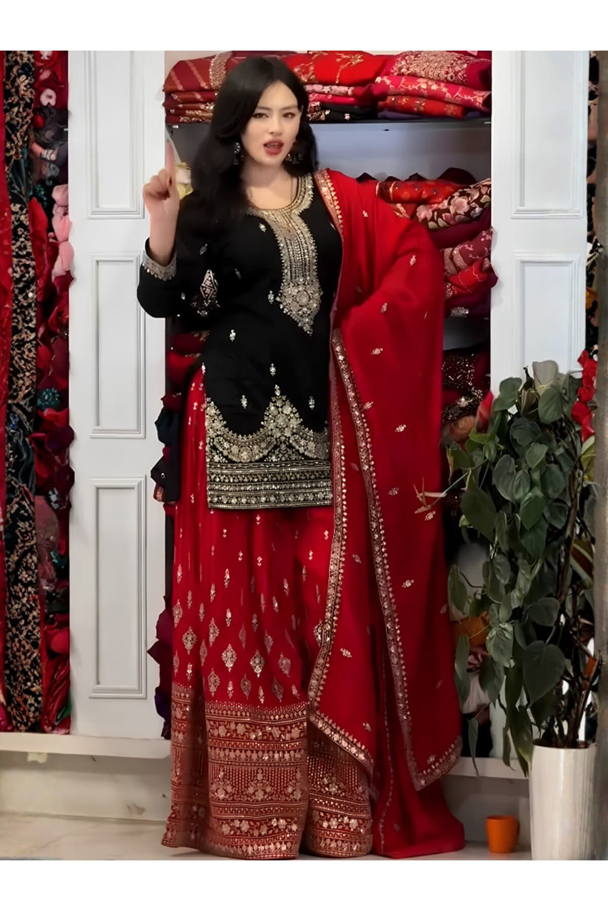 Black & Red Chinon Silk Embroidered Palazzo Set - HRT8583 | Black & Red