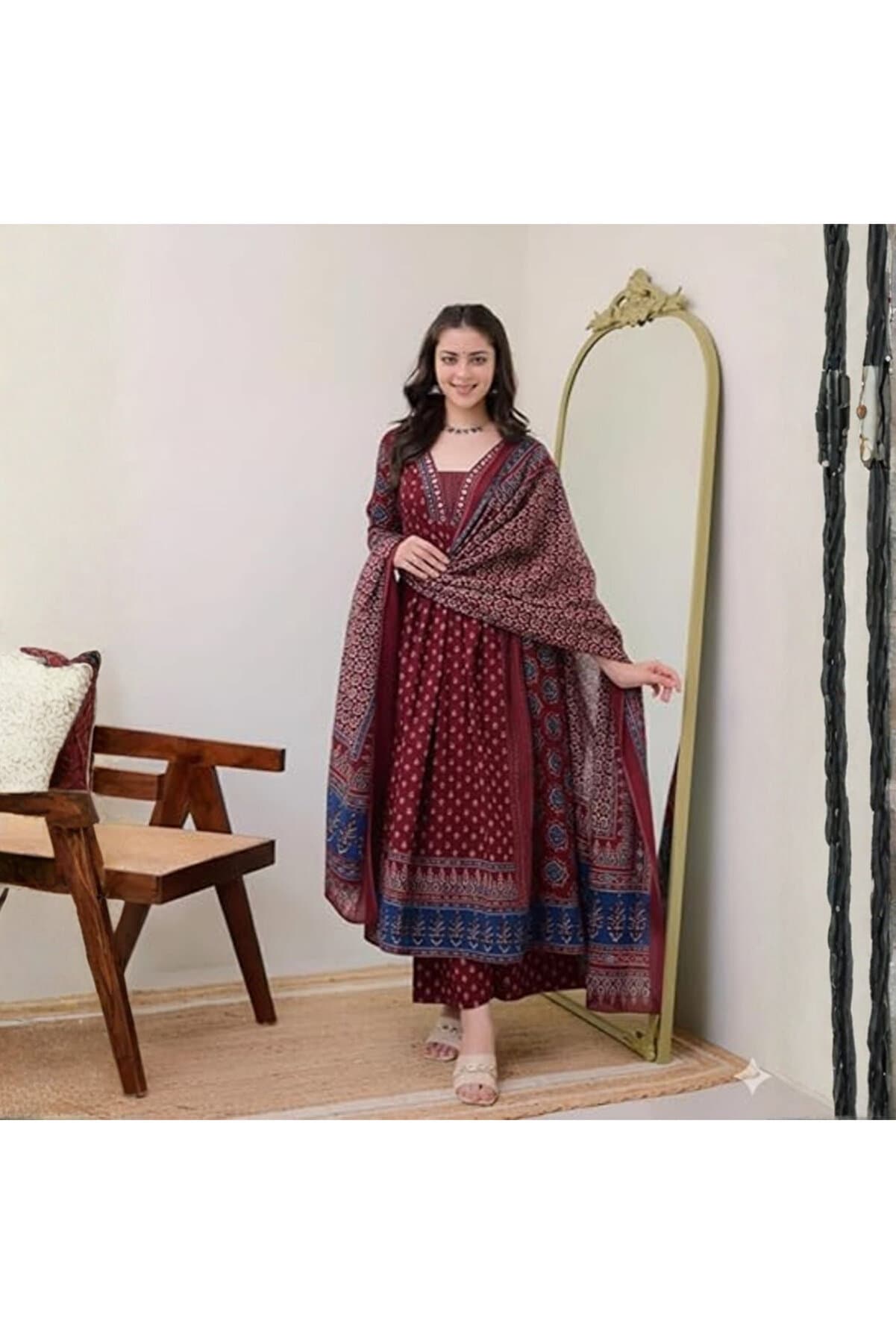 Maroon Rayon Kurta and Pant with Dupatta Set - ALV2116-Maroon-Size-L-40-Inches