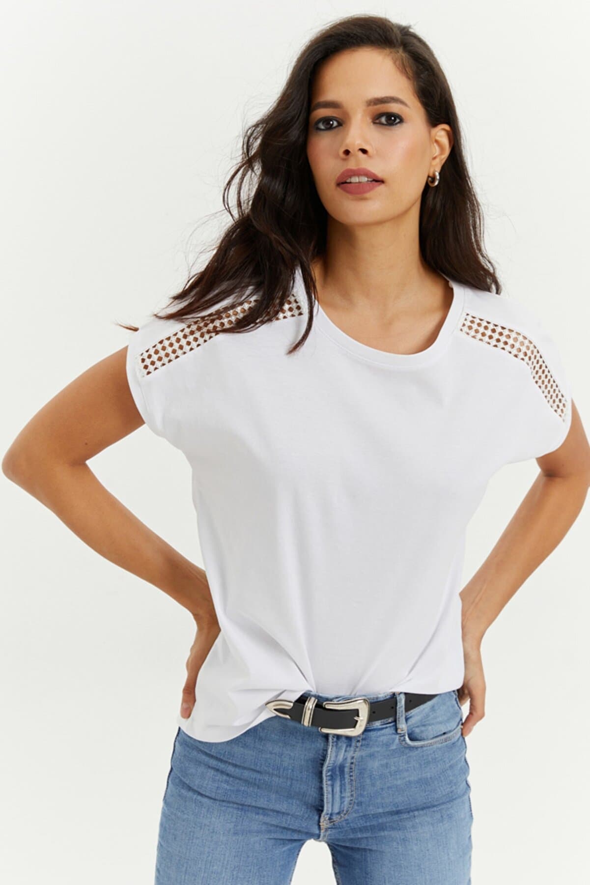Women's White Lace Shoulders Loose T-Shirt Yİ2442