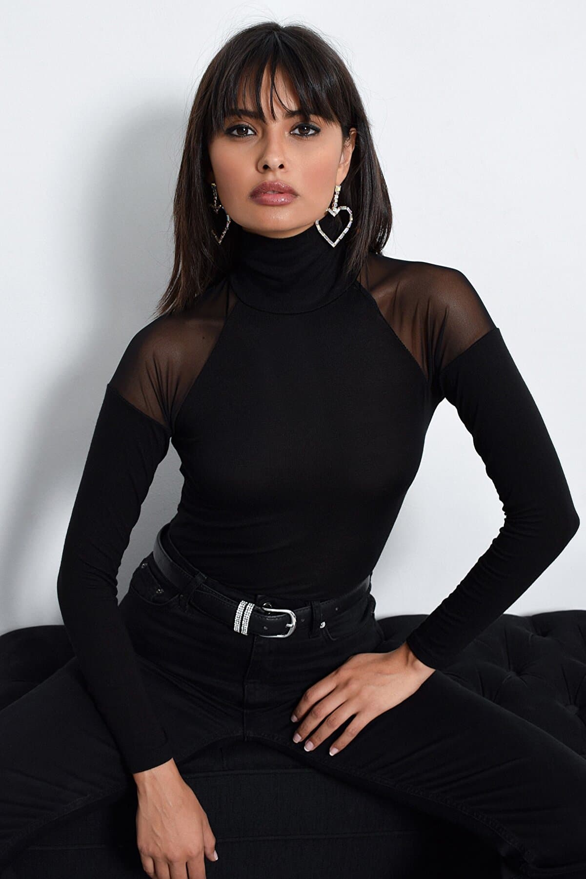 Women's Black Tulle Shoulder Blouse TZ2075