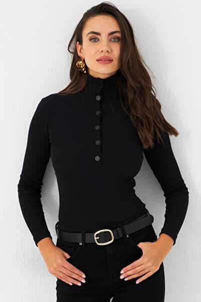 Women's Black Snap Fastener Ribbed Knit Blouse Ey2983