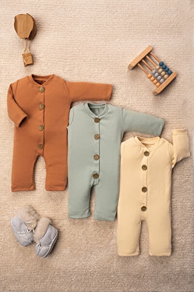 Organic Wooden Buttoned Report Long Sleeve 3-Piece Romper Set Baby Romper