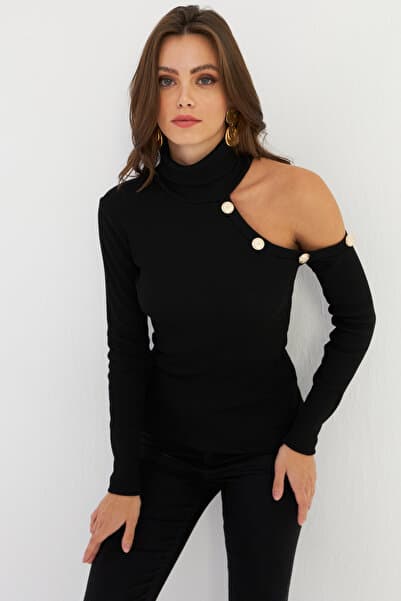 Women's Black Single Shoulder Open Camisole Fishing Blouse Ey2947