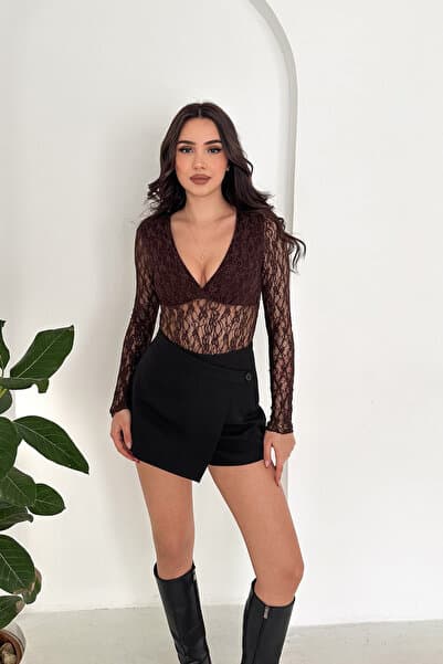 Lace V-Neck Long Sleeve Snap-Button Women's Bodysuit