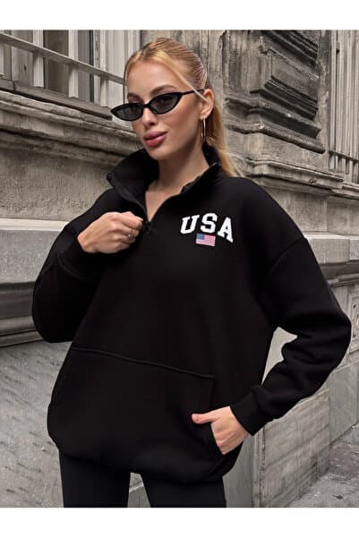 Usa College Black Zippered Oversized Sweatshirt