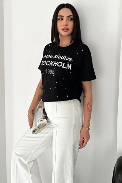 Stone Detailed Written T-Shirt Black