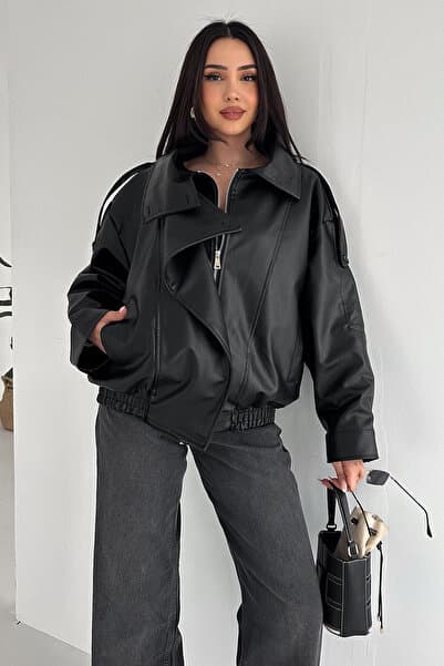 Women's Black Leather Jacket – Modern Design with Zipper