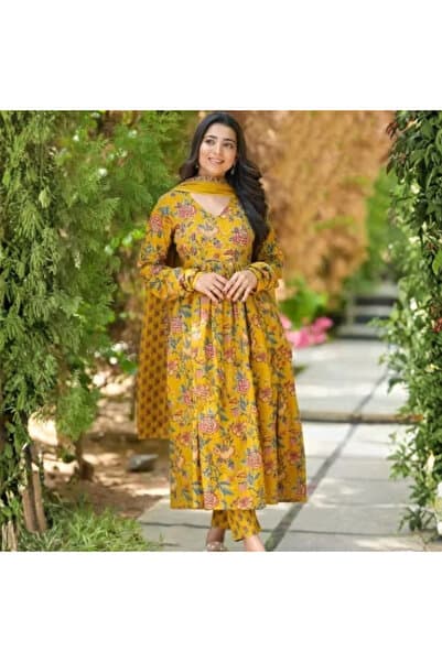 Mustard Yellow Viscose Cotton Salwar Kameez Dupatta - ALV2032-MustardYellow-Size-L-40-Inches