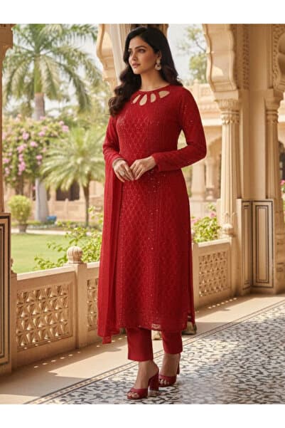 Red Faux Georgette Top Plazzo & Dupatta - HRT7426 - Red-Size:(S-36-Inches)