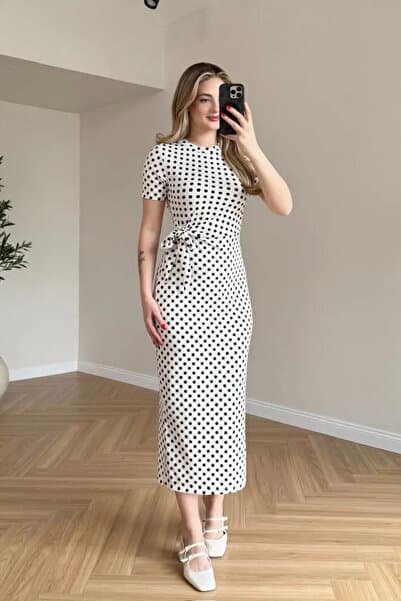 Women's Polka Dot Pattern Modal Fabric Side Tie Detail Slit Dress