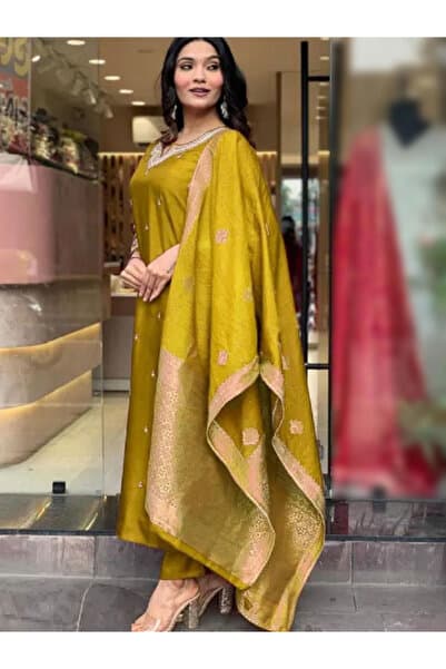 Mustard Green Silk Top Plazzo & Dupatta - TRT1001 - Mustard Green-Size:L-40-Inches
