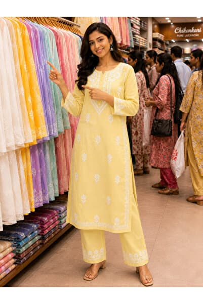 Yellow Chikankari Embroidered Cotton Kurta Set - CHK1010 | Yellow-Size:XL-42-Inches