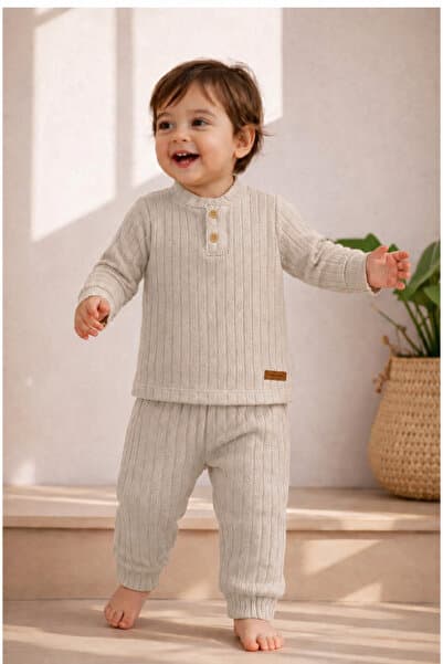 Boy's Set Ribbed Ribbed Fabric Double Top and Bottom Set (1-5 Years)