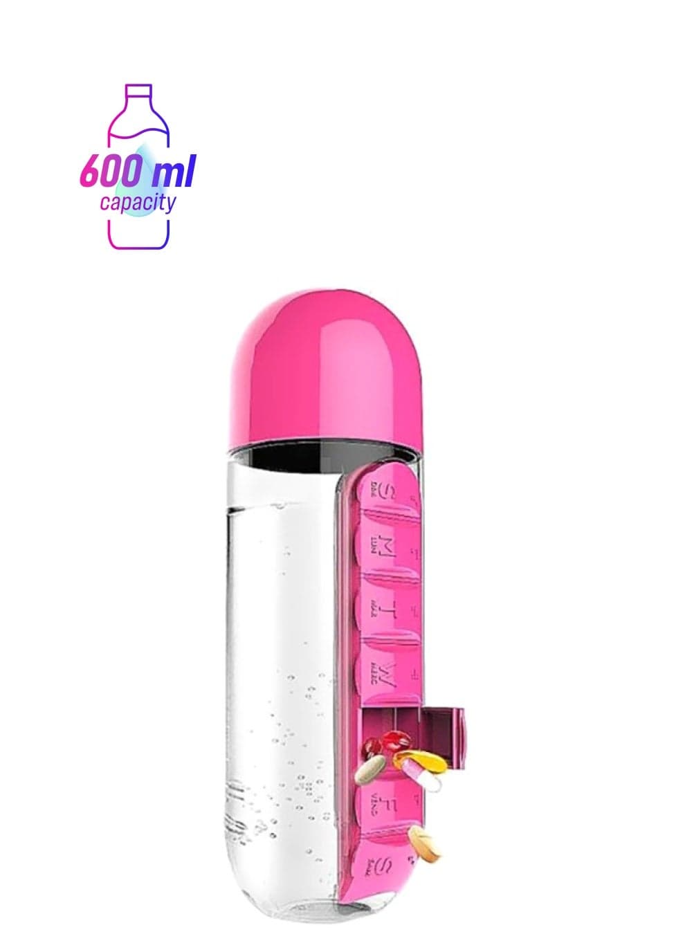 Plastic Pill Organizer Water Bottle Pink/Clear 23 x7. 5cm