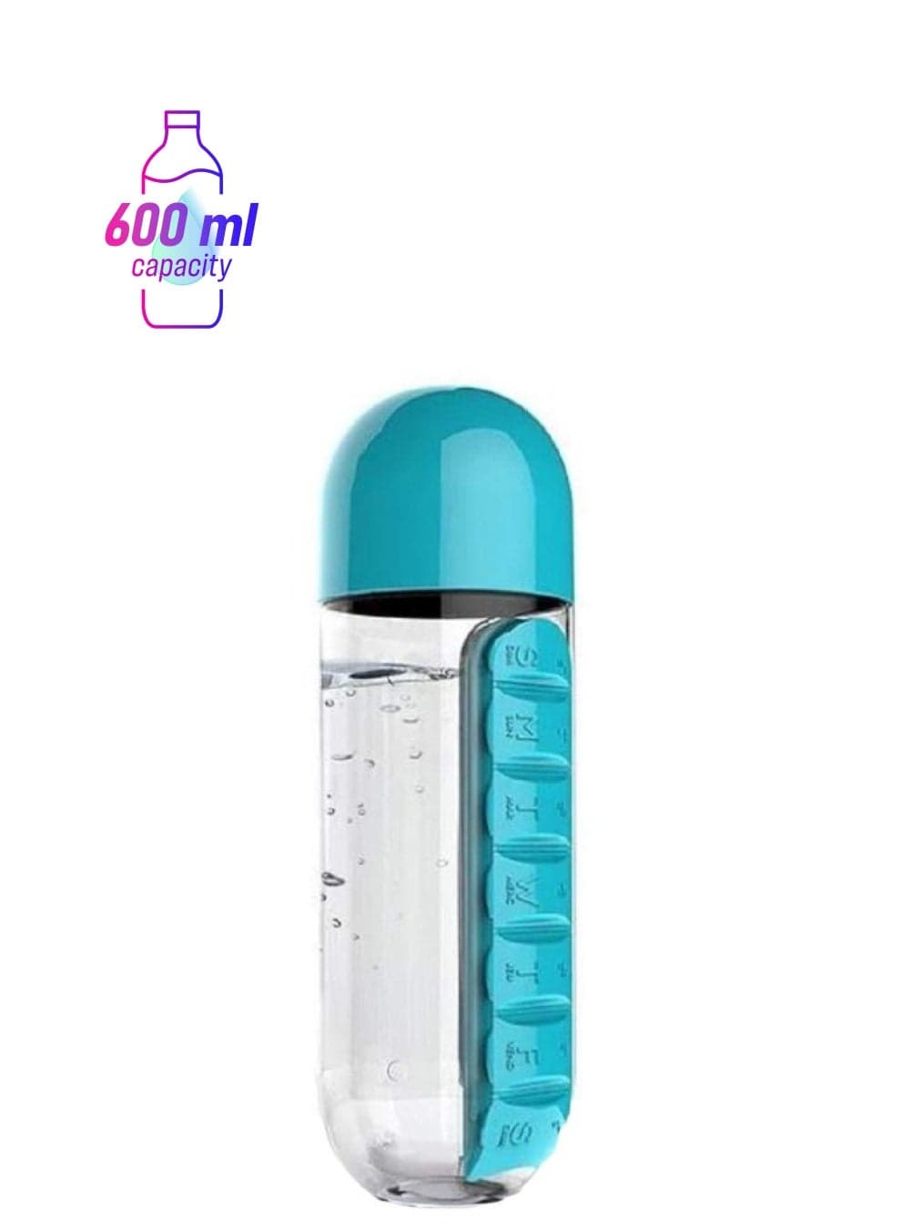 Water Bottle With Pill Case Organizer Blue/Clear 600ml
