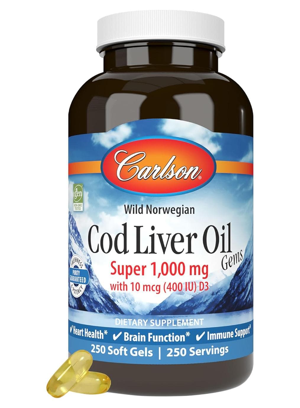Wild Norwegian Cod Liver Oil Gems, Super 1000 Mg, 250 Soft Gels