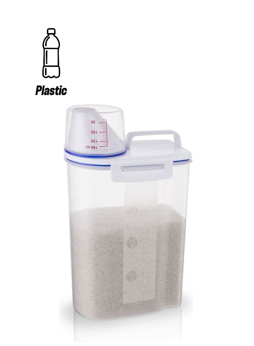 Rice Storage Bin Cereal Containers Dispenser With BPA Free Plastic + Airtight Design + Measuring Cup + Pour Spout Clear 15X7.5X29cm