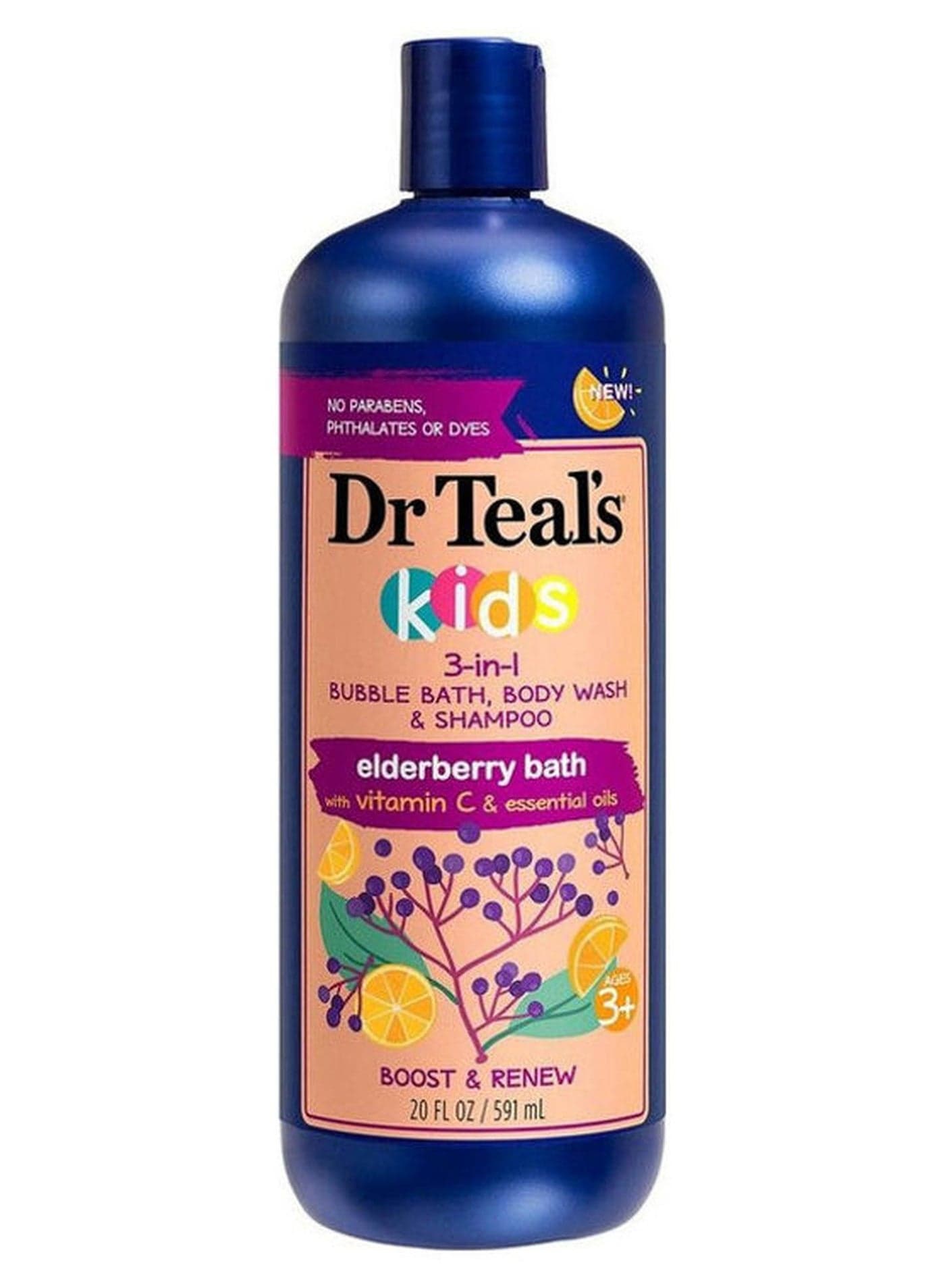 Kids 3-in-1 Bubble Bath, Body Wash & Shampoo with Elderberry & Vitamin C - Gentle Hypoallergenic Formula to Boost & Renew clear 591ml