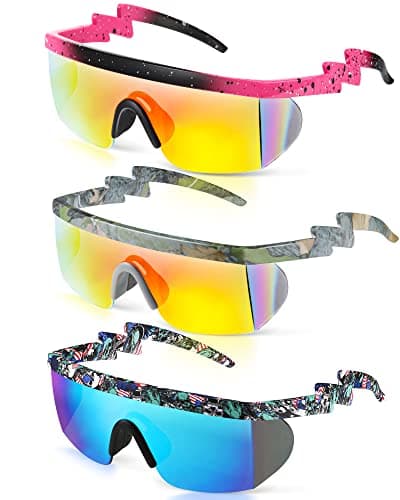 Frienda 3 Pairs Neon Retro Semi Rimless Sunglasses 80s 90s Zigzag Sunglasses Lens Rainbow Sunglasses for Men Women (Cool Color)