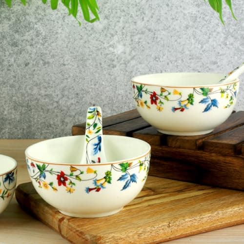 GOLDEN QUEEN'S Soup Bowls with Spoons - Durable, Stylish and Microwave Safe | Perfect for Serving Soup, Dal, Curry | 4 Soup Bowls & 4 Spoons - Summer Florals