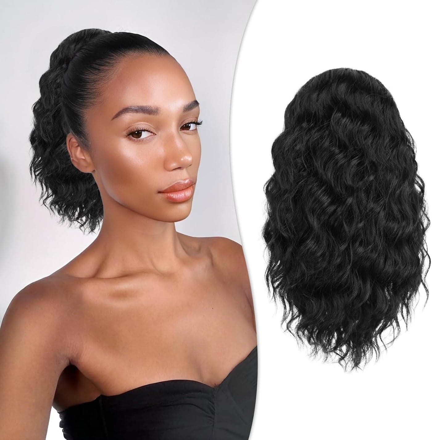 RUWISS Curly Drawstring Ponytail Extension for Black Women12 inch Natural Black Afro Kinky Ponytail Synthetic Hairpiece for Daily Party Use