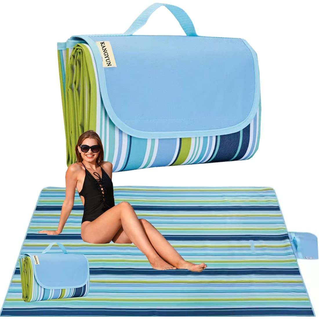 K Y KANGYUN Beach Blanket Outdoor Picnic Blankets Mat 80x60 Extra Large Waterproof Sand Proof Camping Blanket Lightweight Folding Portable Travel Blanket for Family Park Beach Grass Blue Line