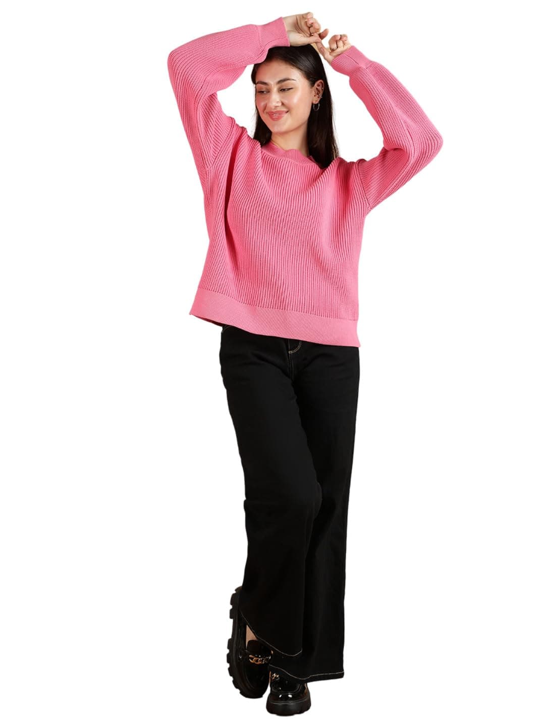 KOTTY Women's Pullover Round Neck Full Sleeves Sweater(Pink,S)