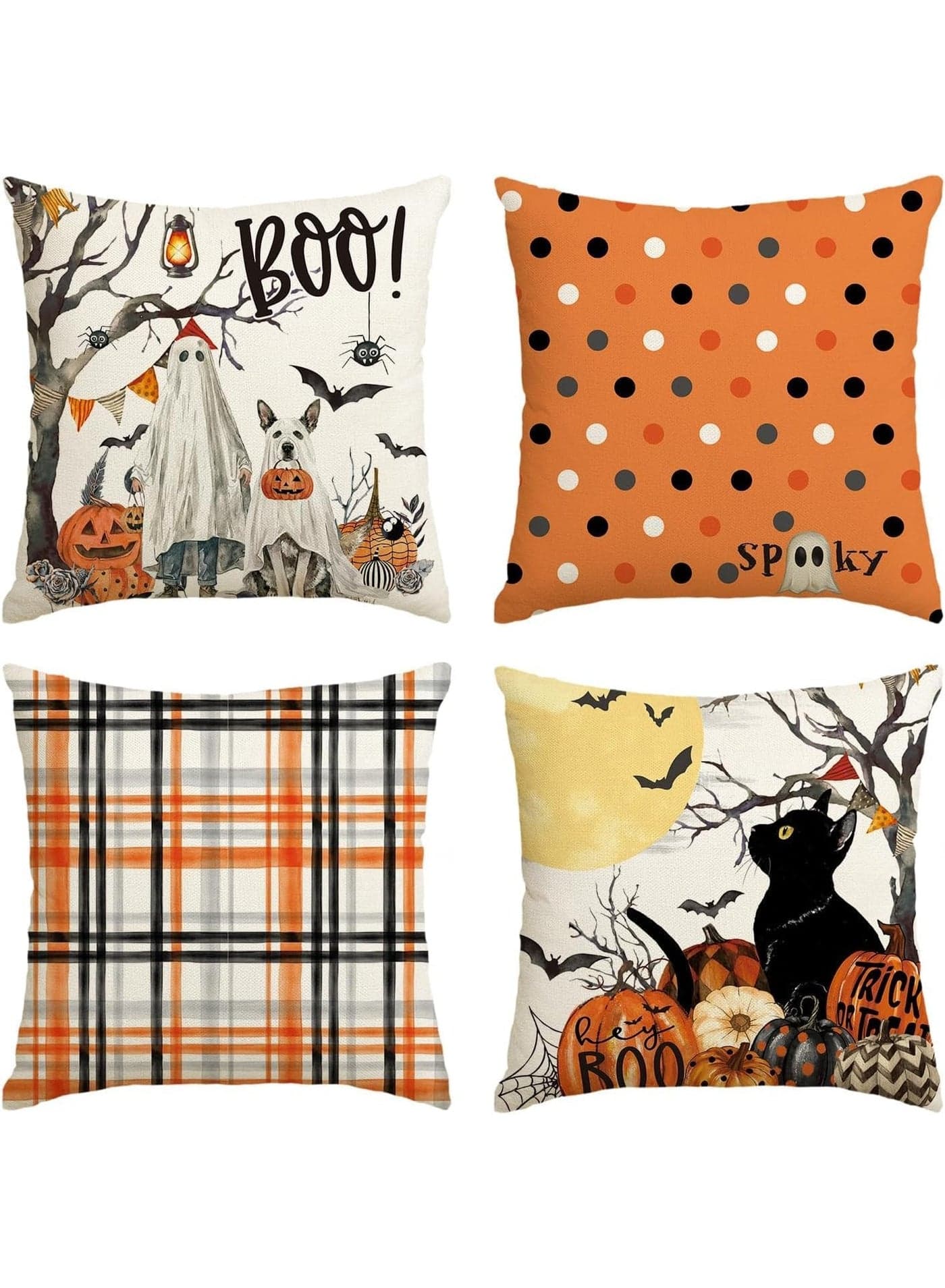 Halloween Boo Dead Tree Ghost Spooky Dog Polka Dots Throw Pillow Covers, 18 x 18 Inch Cat Moon Pumpkin Bat Plaid Cushion Case Decoration for Sofa Couch Set of 4